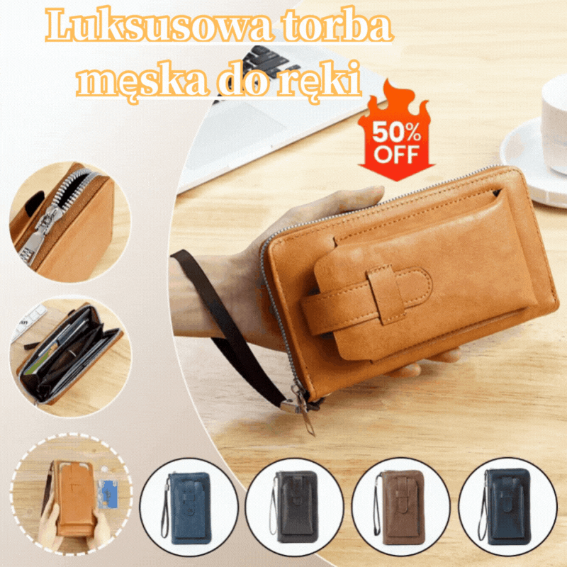 💼Luksusowy, długi portfel męski, mieści telefon komórkowy, karty i gotówkę, wyposażony w pasek na nadgarstek.