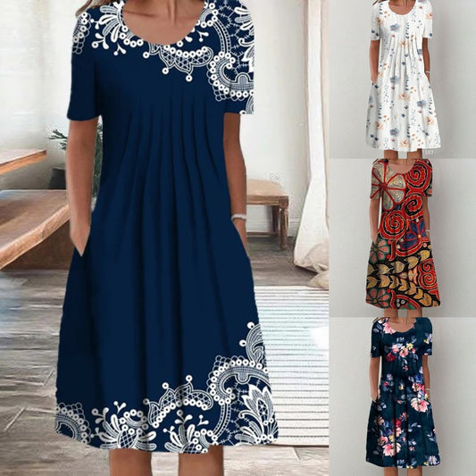 【S-5XL】 🌺🌺 Modna tiskana obleka z okroglim vratom 2025