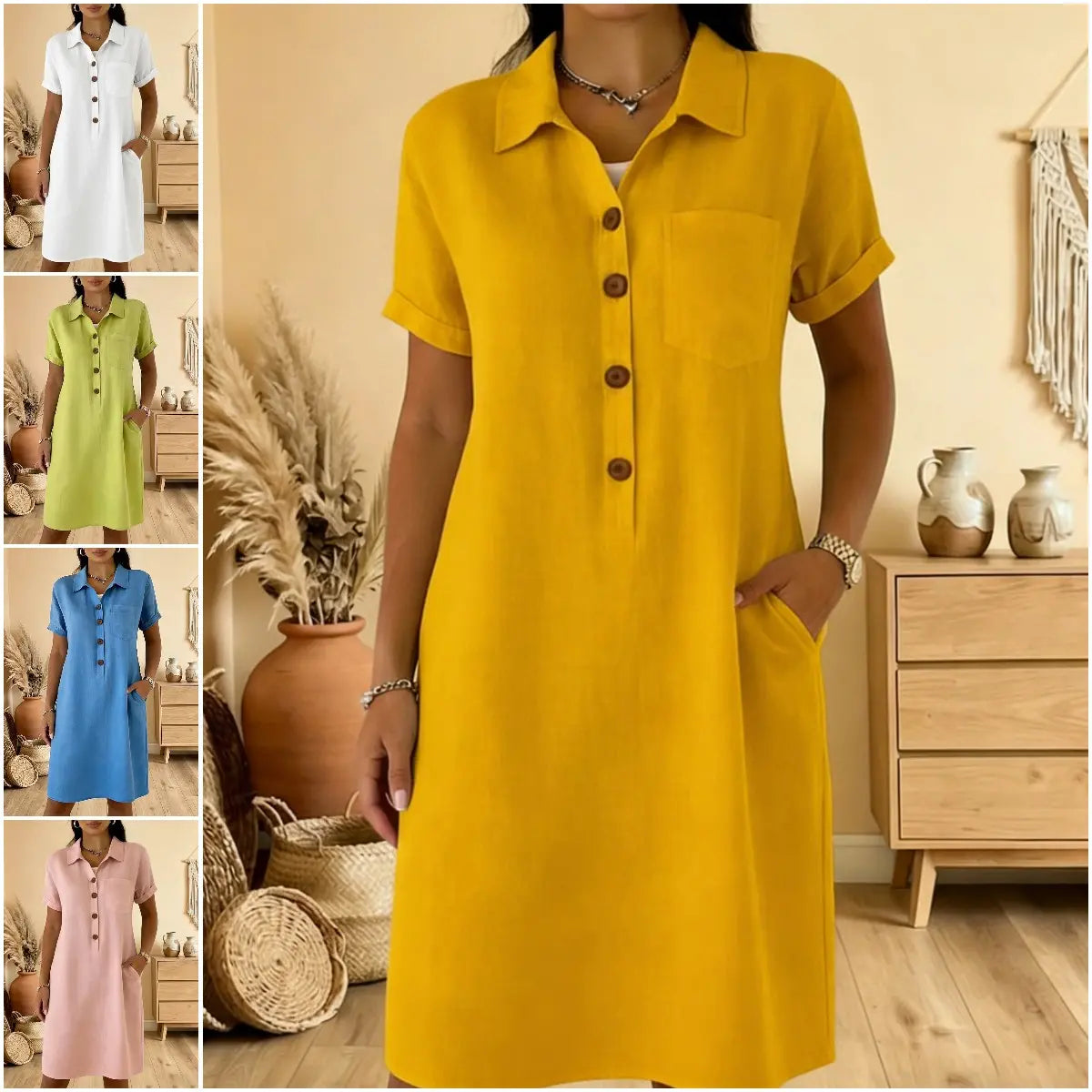 ⏳ Időkorlátos akció! ⏰🍋【S-3XL】Női pamut ruha zsebekkel