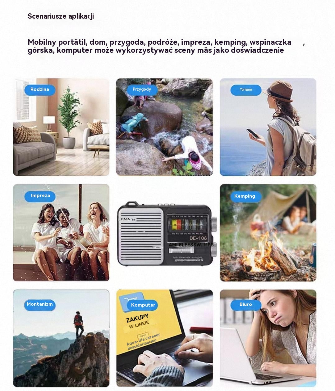 💥🏕️Wielofunkcyjne przenośne radio z latarką awaryjną, radiem AM, twardym dyskiem Bluetooth i wielostrefowym dźwiękiem.