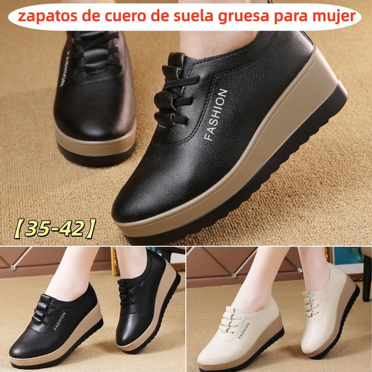 🔥【35-42】Zapatos de piel para mujer con suela gruesa, nueva tendencia de otoño
