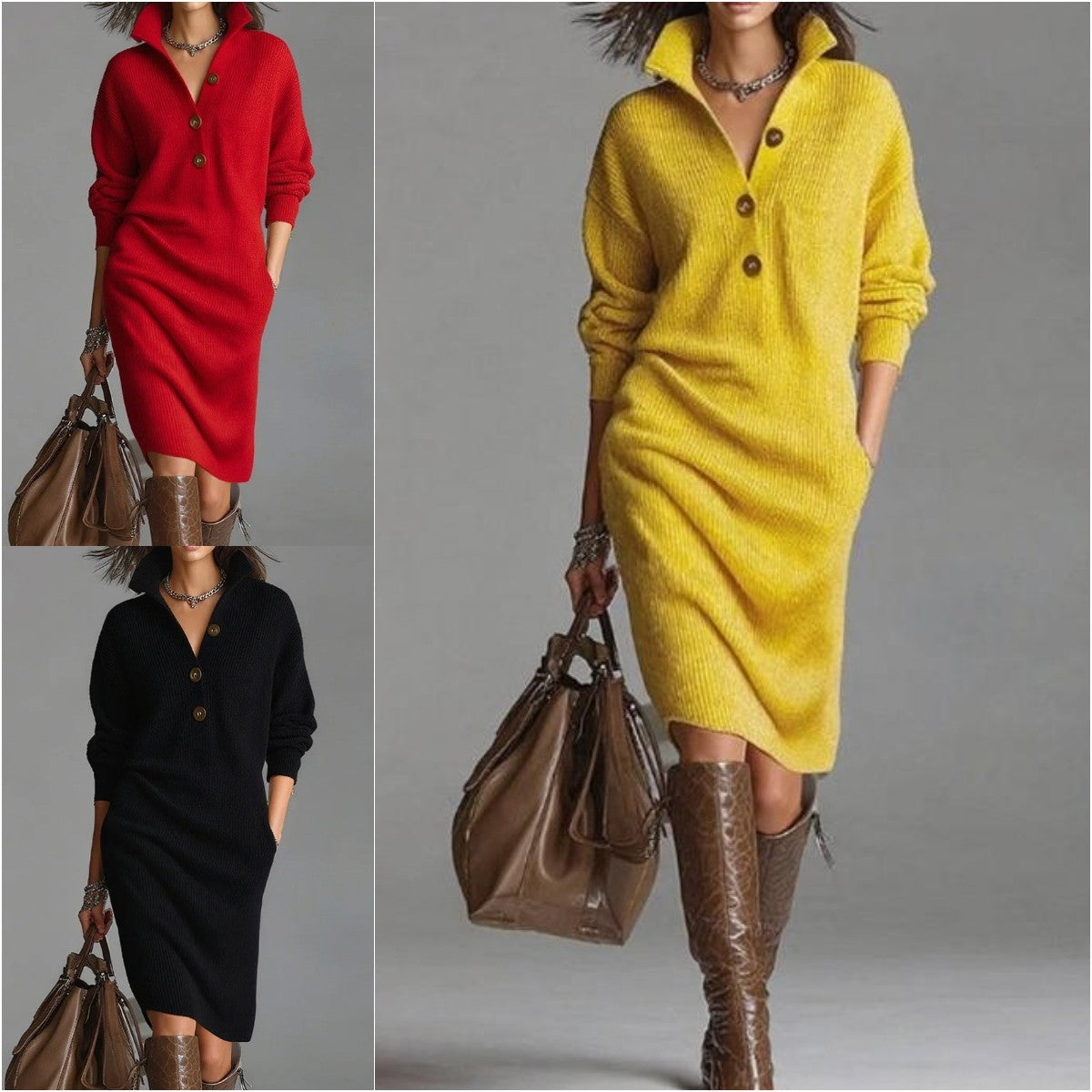 🔥【Tallas S-3XL】✨🎉Nuevo vestido de punto con solapa, estilo europeo y americano