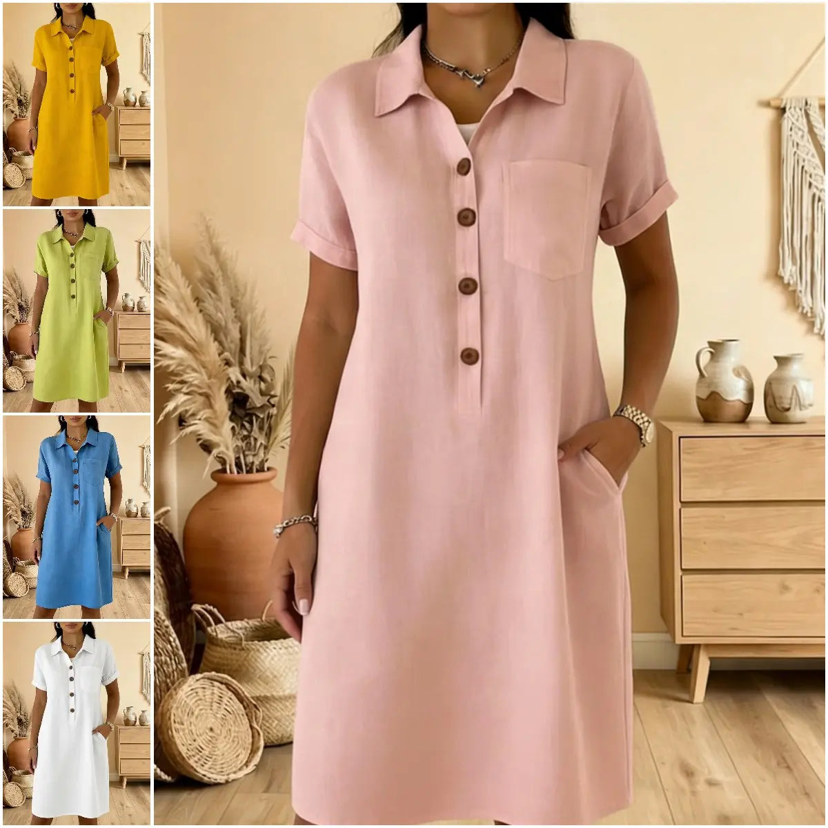 ⏳ Időkorlátos akció! ⏰🍋【S-3XL】Női pamut ruha zsebekkel