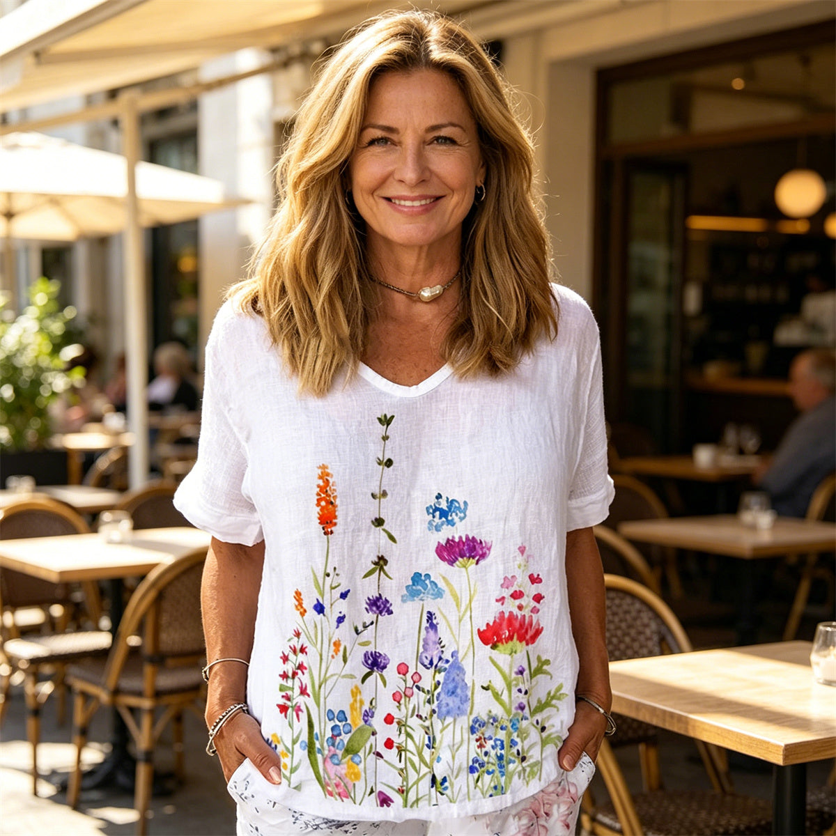 💐🌈T-shirt z krótkim rękawem i bawełnianą lnianą nadrukiem w kwiaty