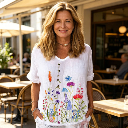 💐🌈T-shirt z krótkim rękawem i bawełnianą lnianą nadrukiem w kwiaty