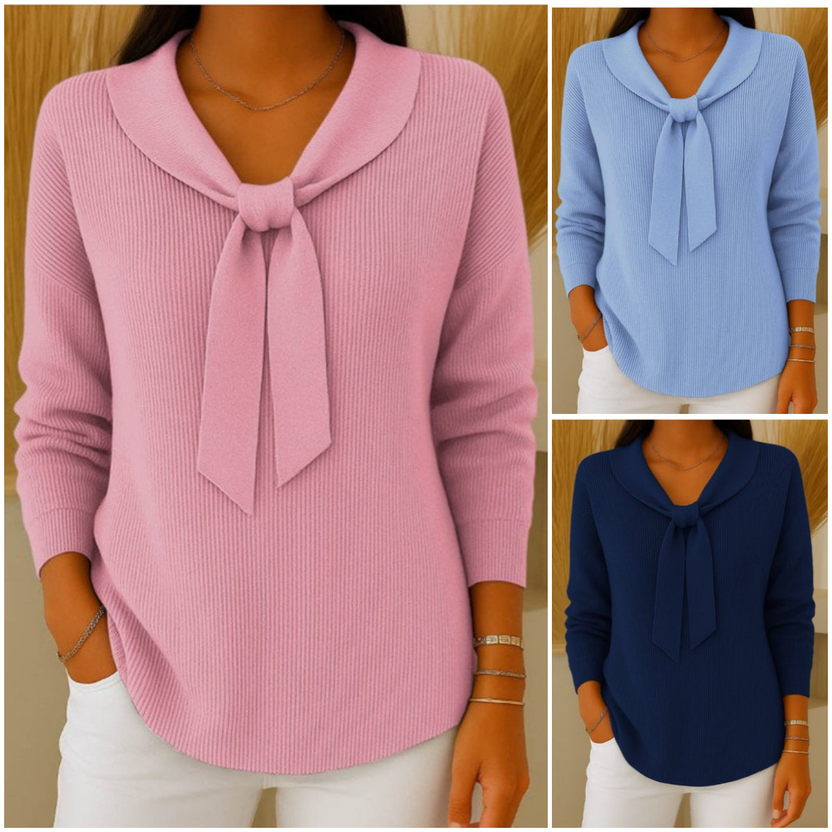 【S-2XL】Ženski enobarvni pulover z dolgimi rokavi in zavezovanjem, sproščen in ohlapen
