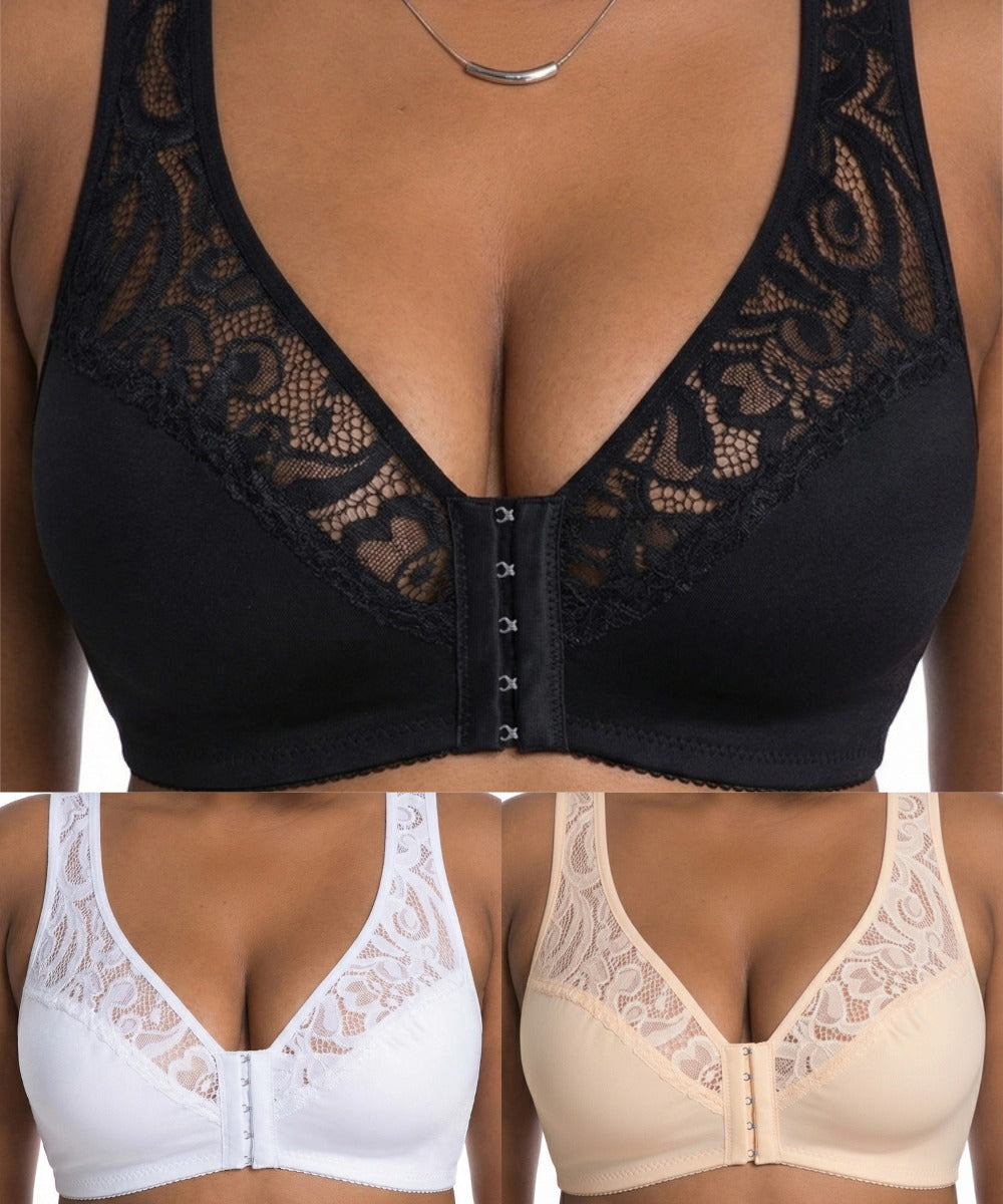 💖Minden idők legalacsonyabb ára【3 db-os szett】【L-4XL】😍🩲Push-up melltartó nagy méretben, gyönyörű csipke, push-up és áttört design, elöl kapcsos-U