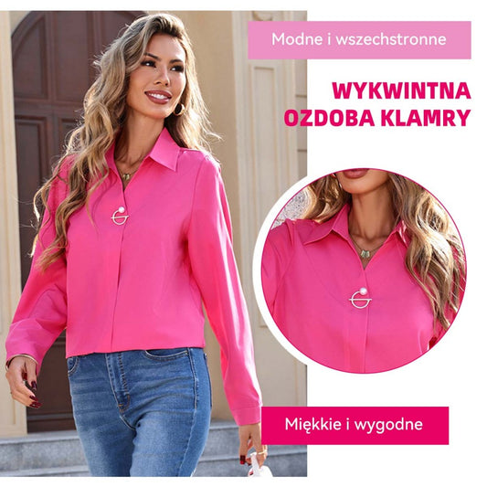 Nowa damska koszula z długim rękawem w kolorze białym, uniwersalna, stylowa, elegancka, w jednolitym kolorze, z dekoltem w serek