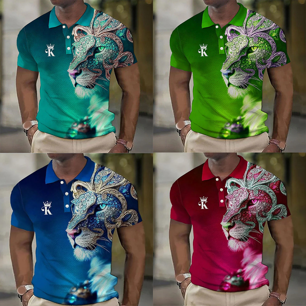 【S-6XL】Męska koszulka polo z nadrukiem 3D z lwem