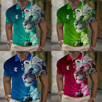 【S-6XL】Męska koszulka polo z nadrukiem 3D z lwem