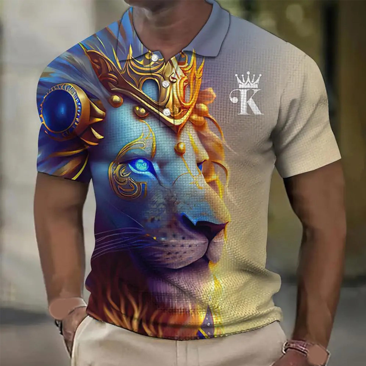 【S-6XL】Męska koszulka polo z nadrukiem 3D z lwem