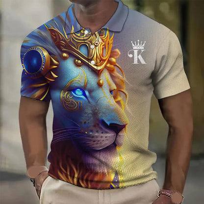 【S-6XL】Męska koszulka polo z nadrukiem 3D z lwem
