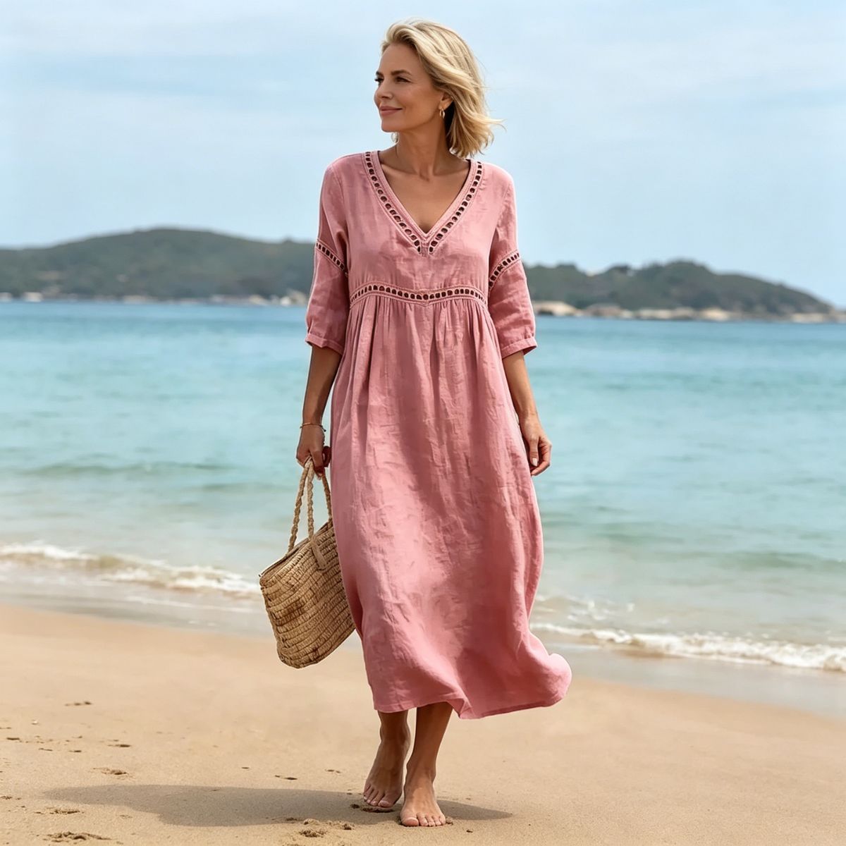 👗【S-3XL】Letnia modna bawełniano-lniana sukienka z dekoltem w serek, oddychająca, wygodna i wyszczuplająca