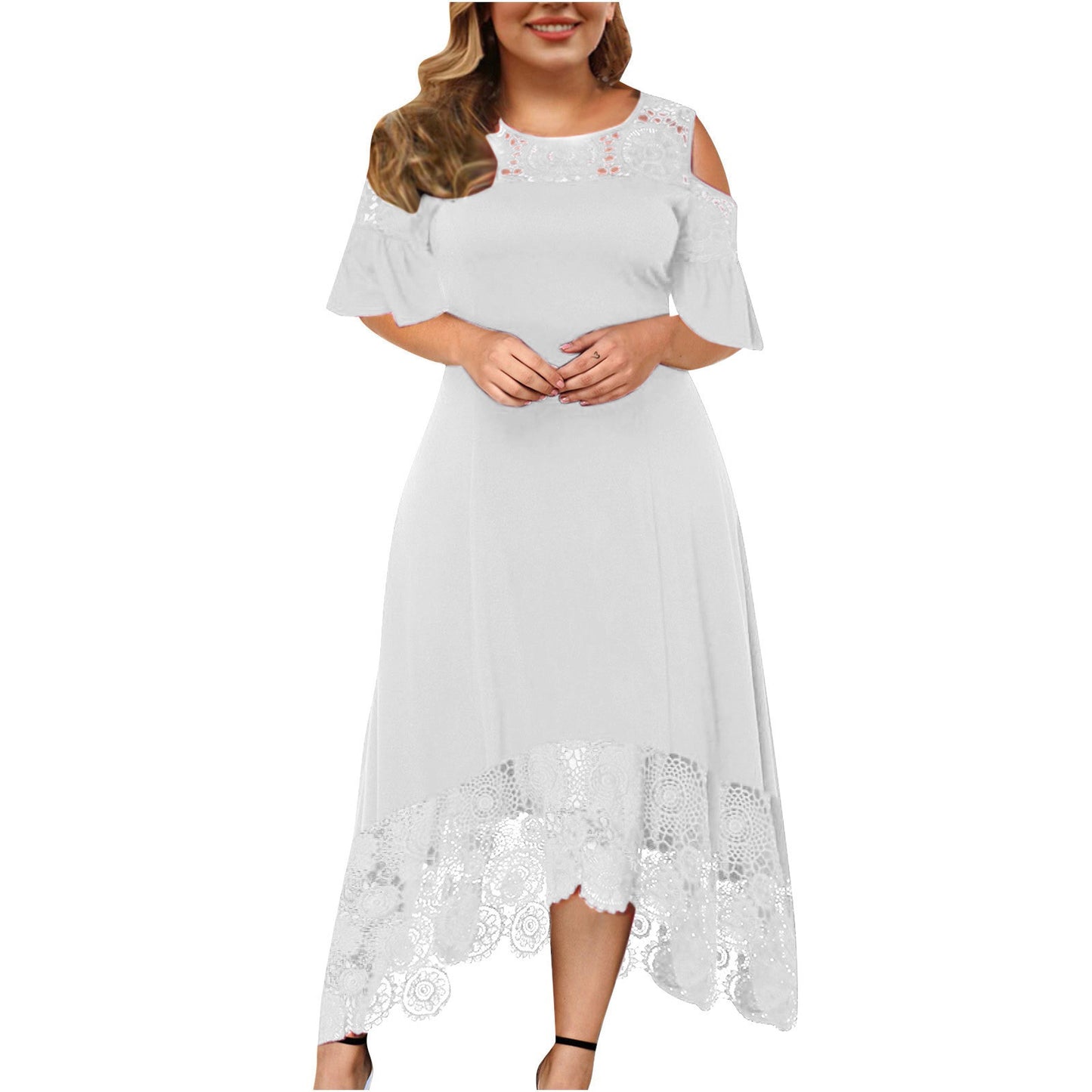 🏆30% ZNIŻKI🔥🔥【XL-5XL】💃nowa koronkowa sukienka z odkrytymi ramionami i falbaną