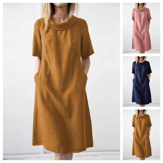 🔥🔥2024 Sukienka damska z krótkim rękawem z bawełny w jednolitym kolorze w nowym stylu, do dojazdów do pracy