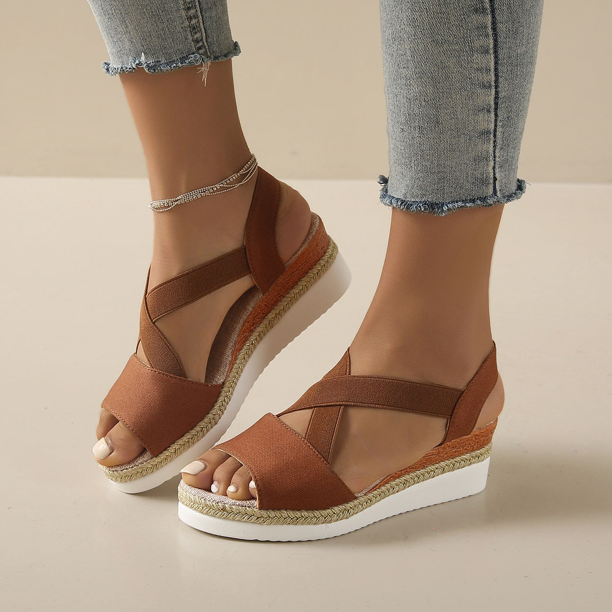Letnie nowe buty damskie w dużych rozmiarach, elastyczne, odkryte palce, sandały na platformie i koturnie