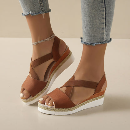 Letnie nowe buty damskie w dużych rozmiarach, elastyczne, odkryte palce, sandały na platformie i koturnie