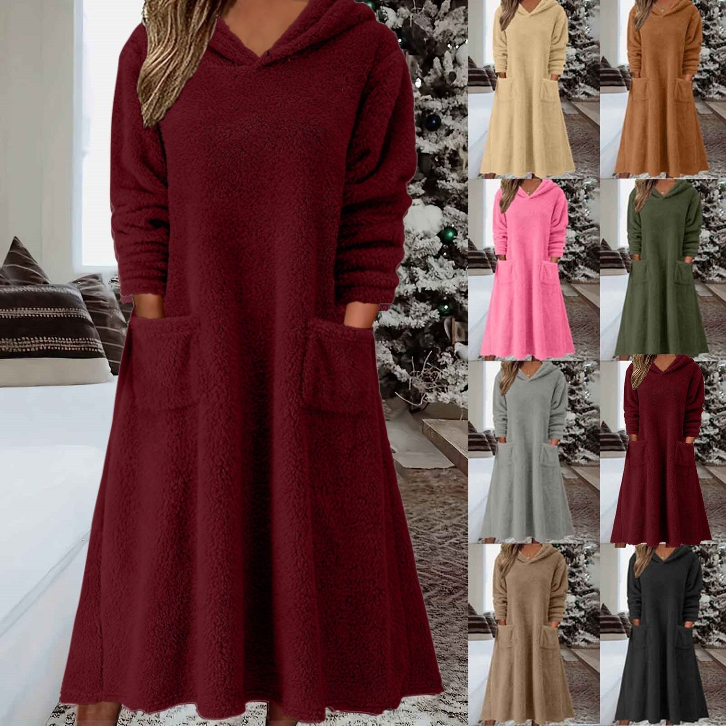 💥【50% popust】 Nova ohlapna flis obleka s kapuco in dolgimi rokavi za domačo uporabo iz leta 2025