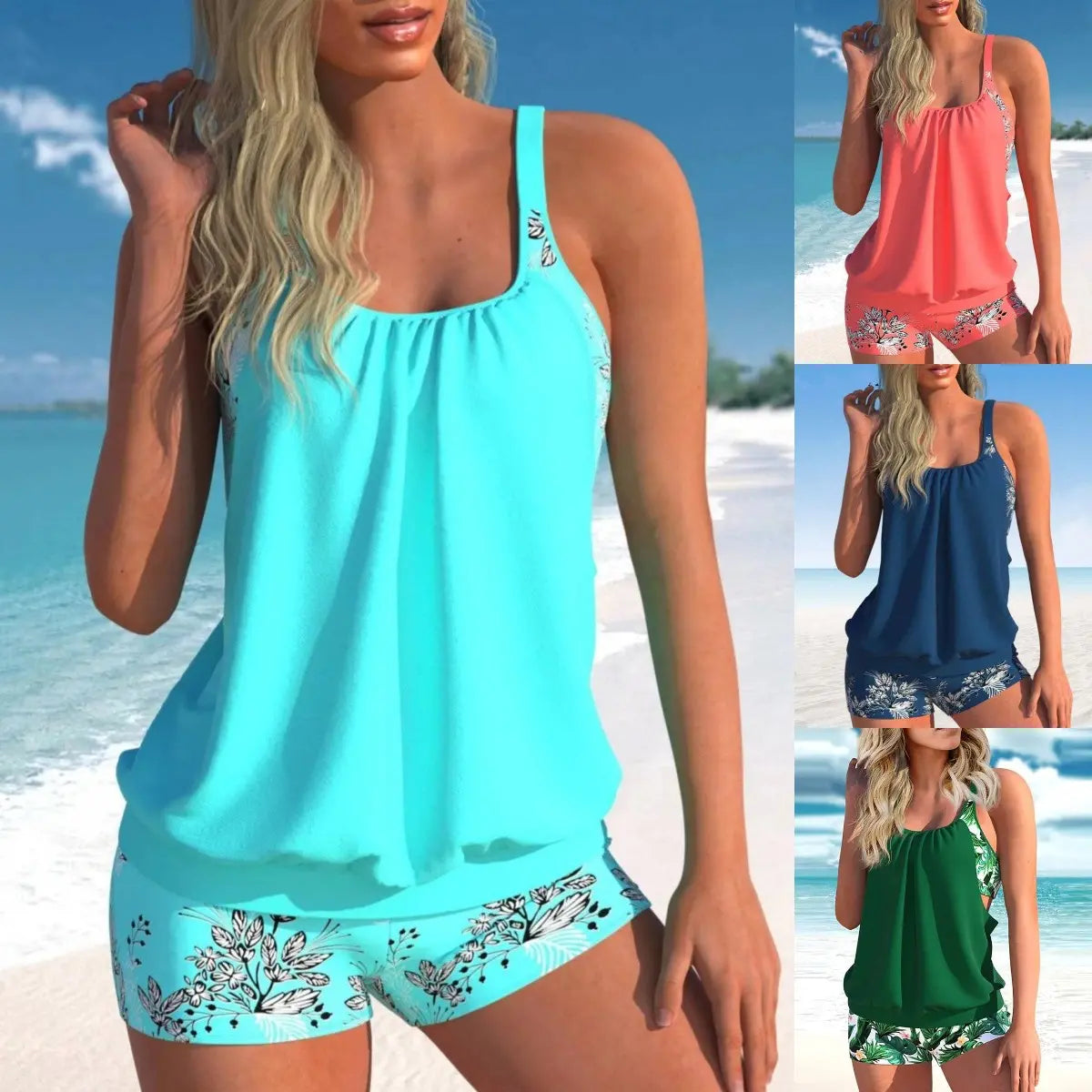 🌴🌈【50% letniej zniżki 🔥】【S-5XL】🌊👙 Damski dwuczęściowy kostium kąpielowy plus size z nadrukiem, szybkoschnący, z bokserkami