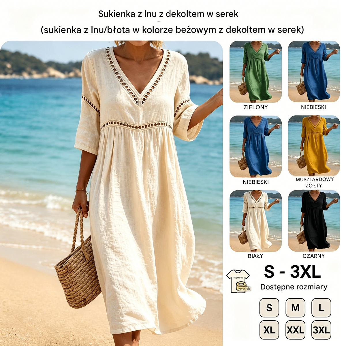 👗【S-3XL】Letnia modna bawełniano-lniana sukienka z dekoltem w serek, oddychająca, wygodna i wyszczuplająca