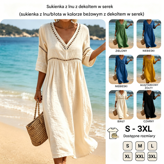👗【S-3XL】Letnia modna bawełniano-lniana sukienka z dekoltem w serek, oddychająca, wygodna i wyszczuplająca