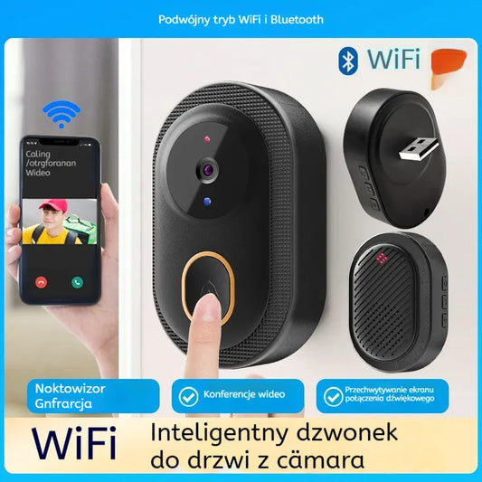 🔥 Bezprzewodowa kamera dzwonka: 1080P HD, szeroki kąt 75°, wodoodporna, do użytku zewnętrznego, z funkcją noktowizji w podczerwieni.